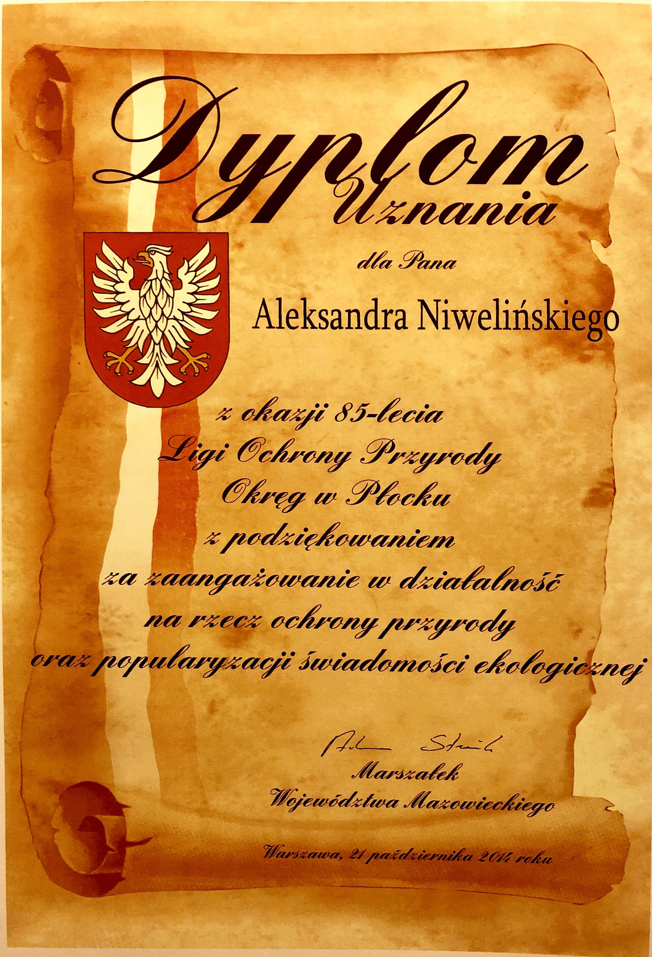 Dyplom Aleksander Niweliński - Marszałek Województwa Mazowieckiego