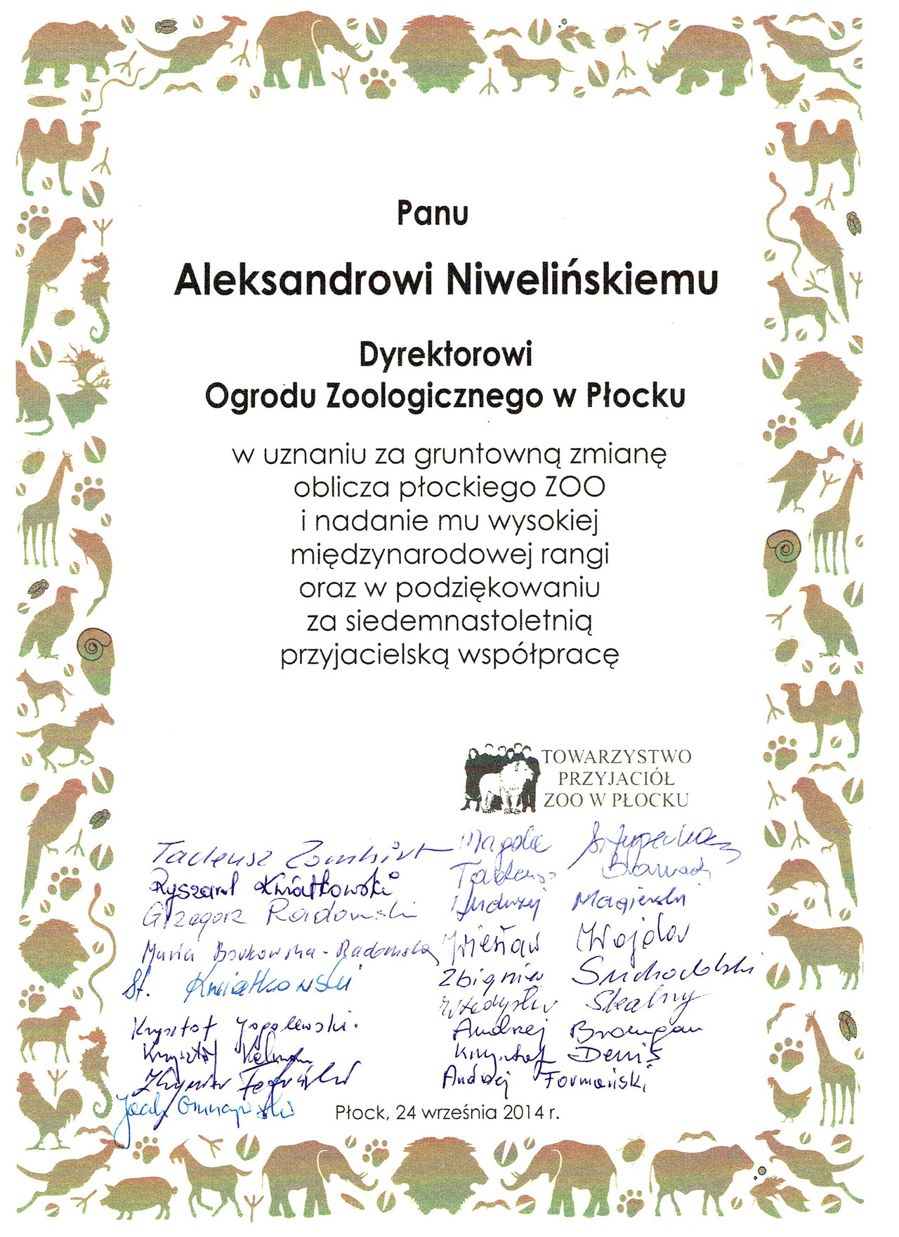 Podziękowania Aleksander Niweliński - Towarzystwo przyjaciół ZOO w Płocku