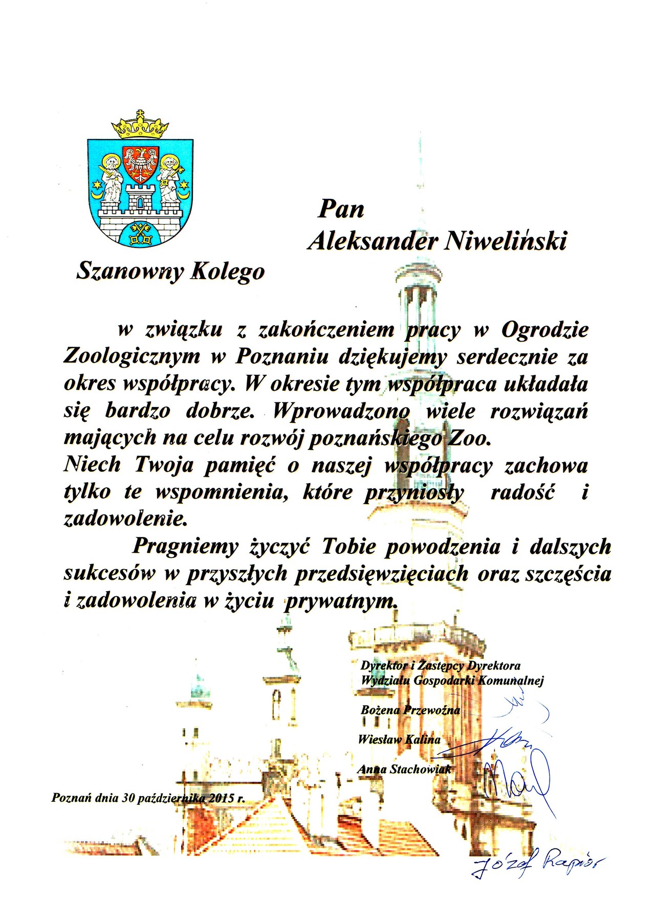 Podziękowania Aleksander Niweliński - Urząd Miasta Poznania